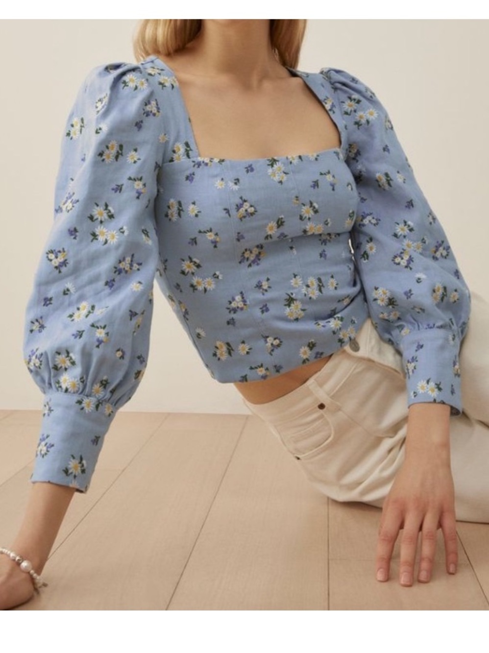 Reformation Stilton Top in Mineral Daisy embroidery. Size 2.